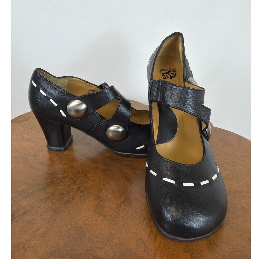 John Fluevog Black White Stitching Button Detail Mary Jane Leather Heels 11